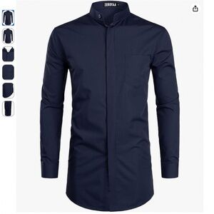ZEROYAA Navy Men’s Banded Collar Long Sleeve Shirt